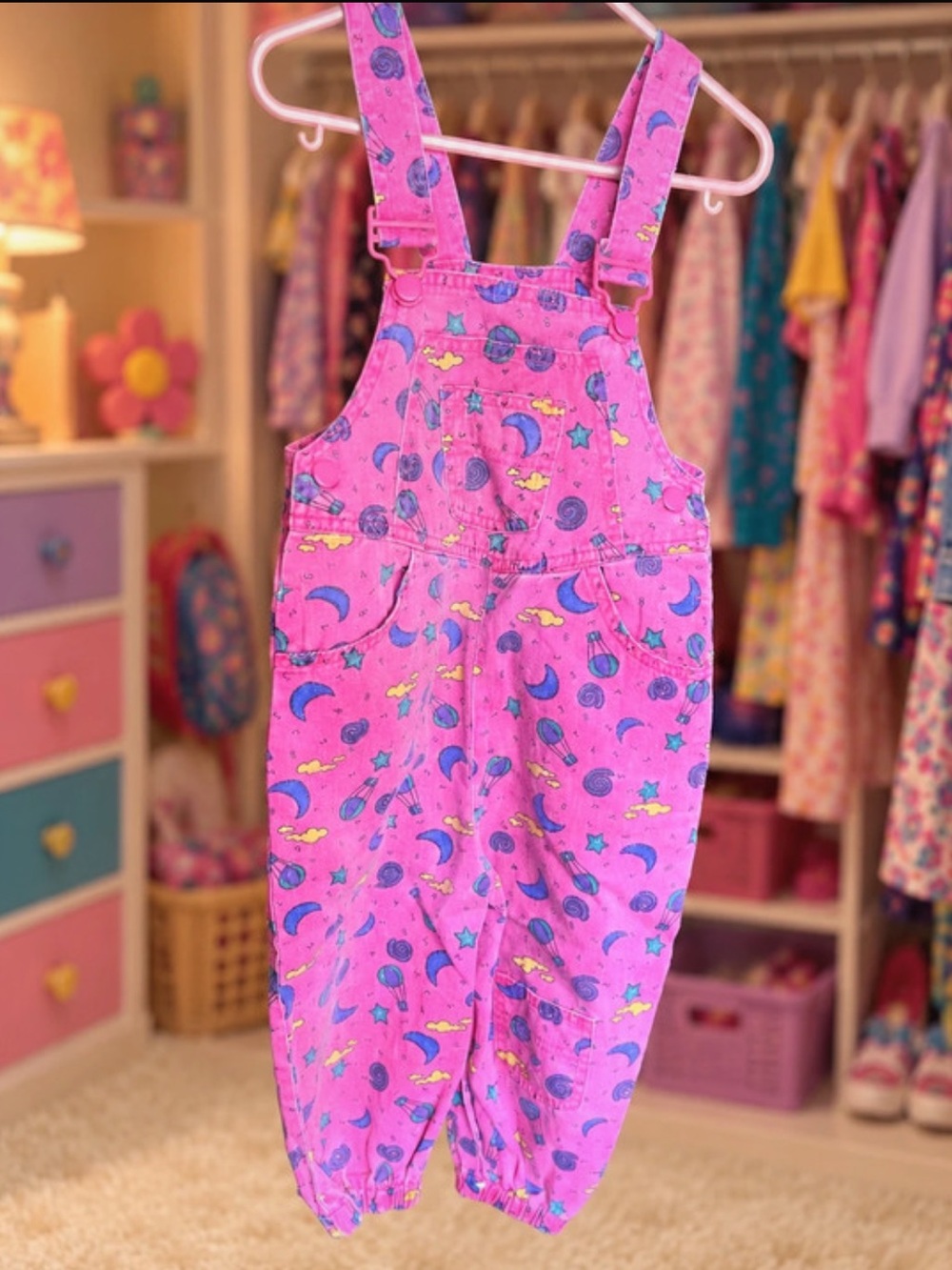 Vintage 90s 2T/3T Circo Rainbow Tag Pink Moon Star Celestial Whimsy Overalls